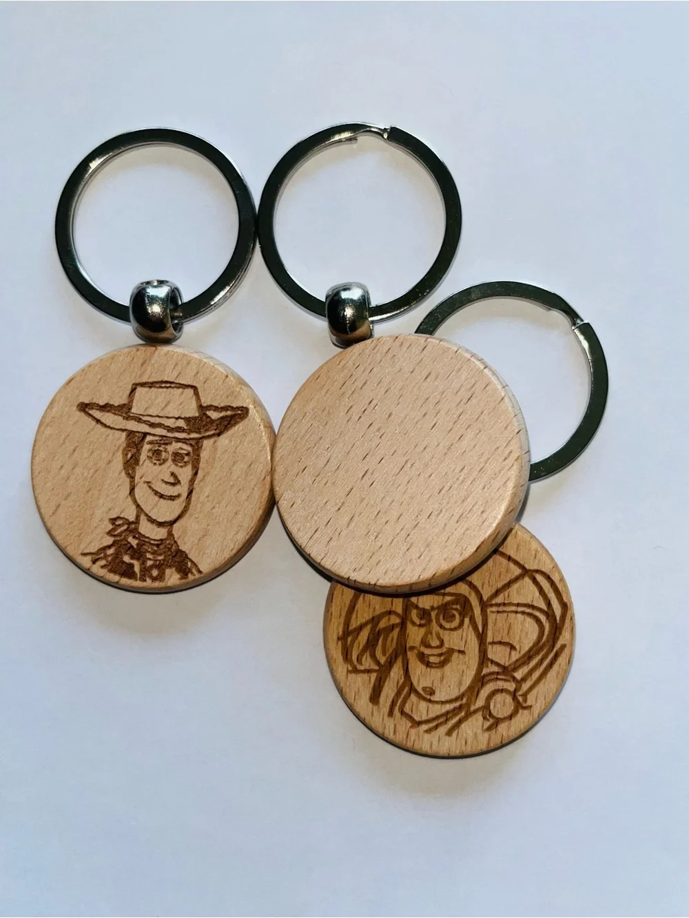 Set of 3 engraved Wooden Cartoon Character Round Keyring - Brown